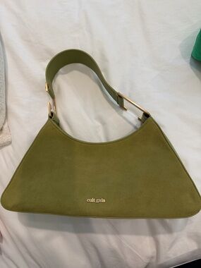 cult gaia Olive Suede Crescent Shoulder Bag with Gold Hardware
